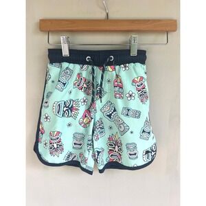 Tommy‎ Bahama Boy Swim Trunks Size 5/6 Tiki Print Tribal Masks Swim Shorts Mint